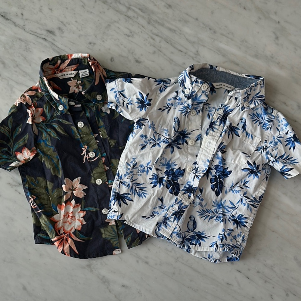Janie and Jack Blue Floral Poplin Button Down Shirts, Baby boy, Lot of 2, 6-12M